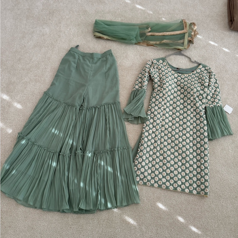 3 piece sage green sharara outfit, brand new